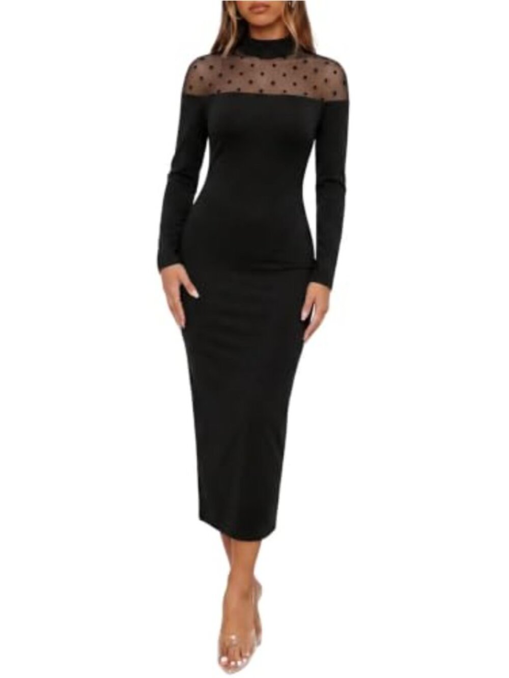 Flocked Polka Dot Sheer Mesh Mock Neck Long Sleeve Midi Bodycon Dress